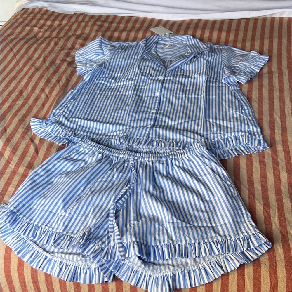 Piyama Felicity Frill Set - Pinstripe Blue